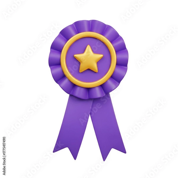 Fototapeta Purple rosette award ribbon with a gold star in the center, isolated on transparent background
