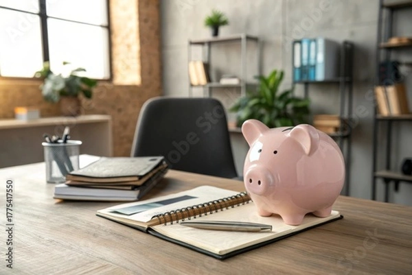 Obraz Pink Piggy Bank Sitting on Ledger at Office Desk