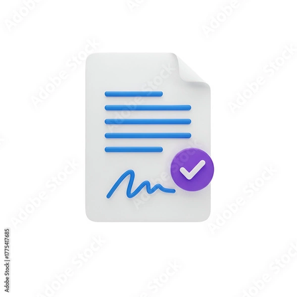 Fototapeta 3d icon of a document with blue lines of text, a signature, and a purple checkmark, isolated on transparent background