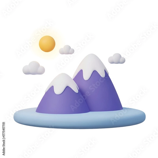 Fototapeta Stylized 3d illustration of purple mountains with snow caps, a yellow sun, and clouds, isolated on transparent background