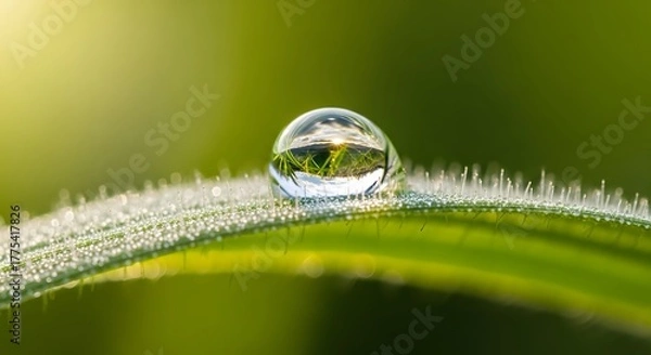 Fototapeta Close up of a dew drop on a blade of grass reflecting the surrounding greenery in a macro shot
