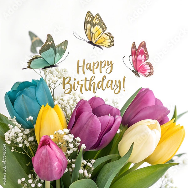 Obraz Watercolor a vibrant bouquet of tulips with butterflies fluttering around