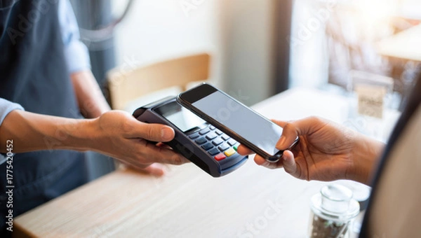 Fototapeta Mobile payment transaction at a cafe, showcasing modern technology in finance