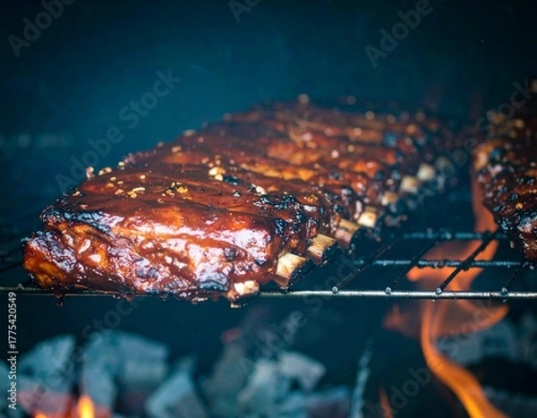Fototapeta A rack of cooked ribs on a grill over hot coals and flames. The ribs are coated in a dark, glossy sauce.