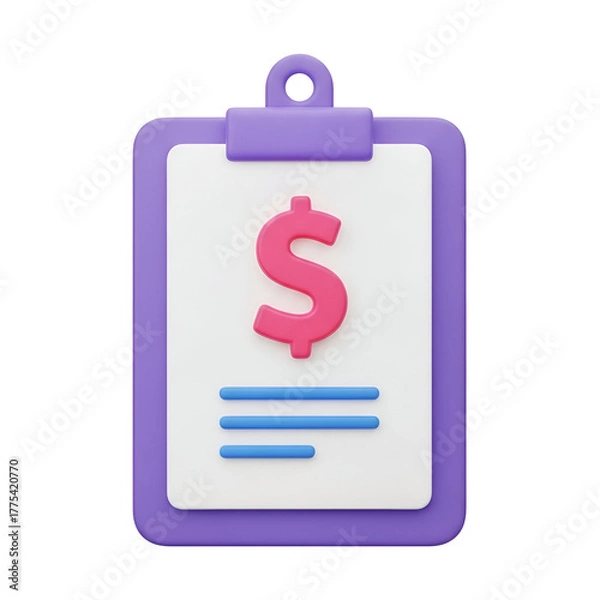 Fototapeta Purple clipboard with a pink dollar sign and blue lines on a white paper, isolated on transparent background