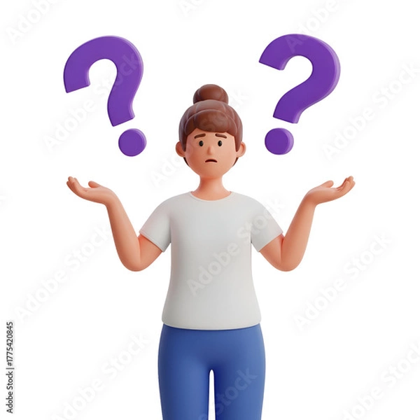 Fototapeta A 3d illustration of a confused woman with question marks above her head, isolated on transparent background