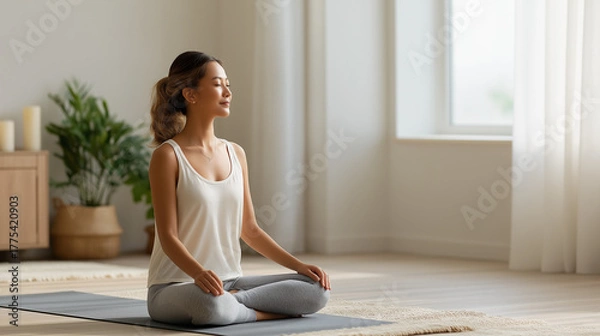 Fototapeta 心と体を整える朝 ― 柔らかな光の中で瞑想する女性のウェルネスシーン