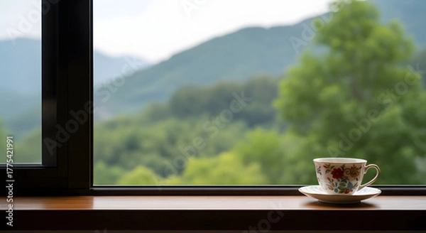 Fototapeta cup coffee resting window sill breathtaking view misty forest background, 