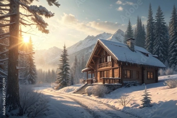 Obraz Snow Covered Cabin In Winter Sunlight With Mountains And Forest