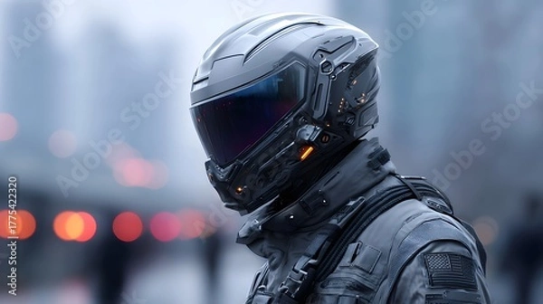 Obraz Close up profile of a sci fi individual wearing an advanced illuminated helmet and dark tactical clothing against a bokeh rich urban backdrop