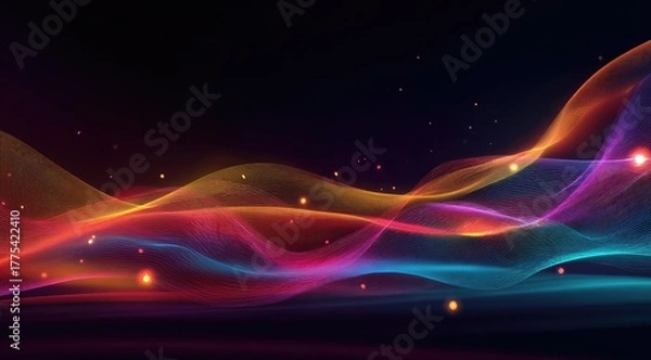 Fototapeta Abstract, vibrant, flowing lines of light, with subtle particles, on a dark background