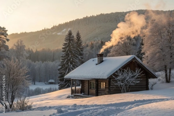Obraz Snow covered cabin with smoke rising in a winter forest
