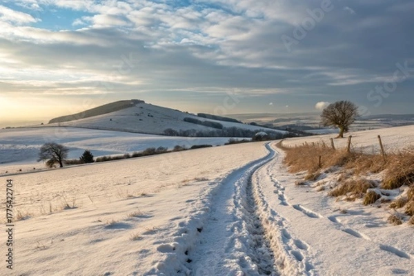 Obraz Snow covered trail leading towards a distant hill landscape