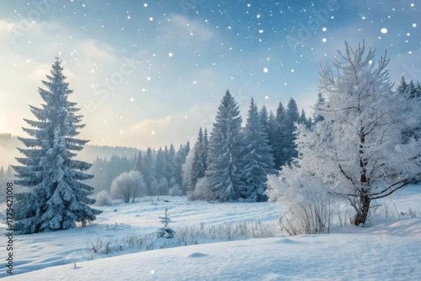 Obraz Snow falling over a pine forest in a winter daylight scene