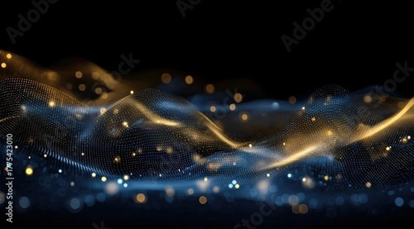 Fototapeta Abstract digital landscape of shimmering, wavy particles in dark blue and gold