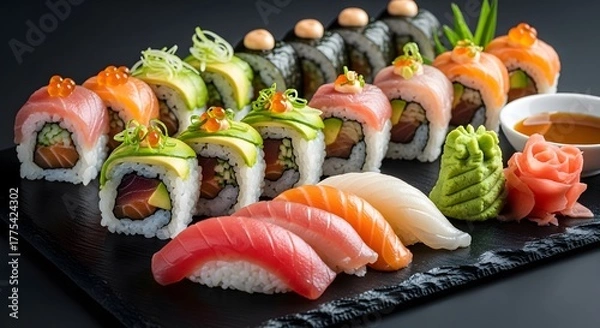 Fototapeta A delectable assortment of sushi rolls and nigiri served on a black slate platter with condiments