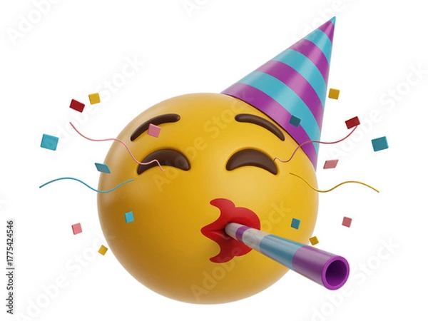 Fototapeta 3D Render of Yellow Emoji Wearing Conical Hat and Blowing Noise Maker with Falling Confetti Transparent Background