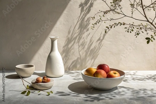 Obraz Still life arrangement with fresh fruit and ceramic vase