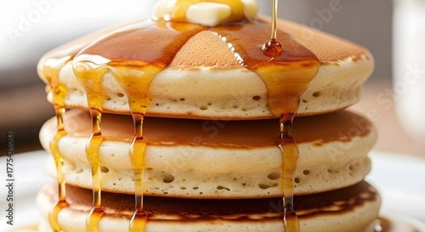 Fototapeta A stack of pancakes being drizzled with syrup and topped with butter on a white plate close up