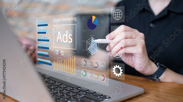 Fototapeta Businessman online advertising digital marketing strategy data analysis dashboard information report corporate e-business business technology concept