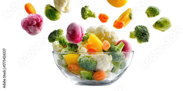 Fototapeta Fresh, diverse, vibrant assortment of vegetables cascading into a clear glass bowl
