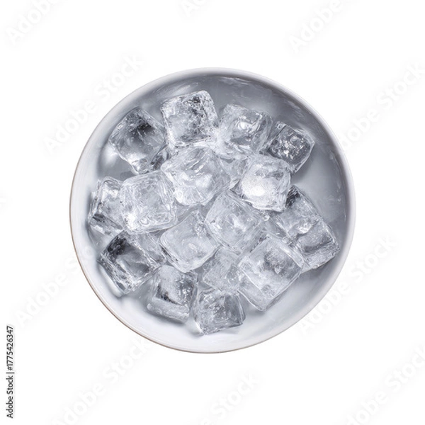 Obraz Overhead shot of a white bowl filled with transparent, square-shaped ice cubes on a black background