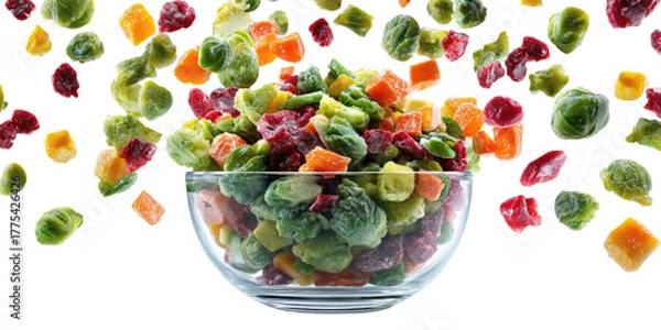Obraz A clear glass bowl filled with an assortment of colorful chopped vegetables, spilling out