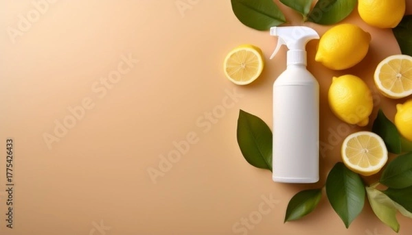 Fototapeta cleaning product with lemons on pastel background copy space