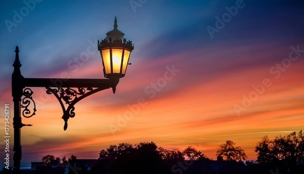 Fototapeta illuminated street lamp at dusk with colorful sky