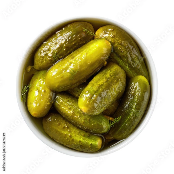 Obraz Overhead shot reveals a white bowl overflowing with vibrant, pickled cucumbers. Close-up captures textures and detail