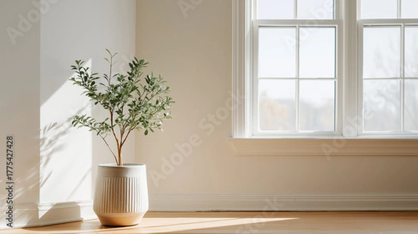 Fototapeta 光と影が描く静寂 ― ミニマルな空間に佇むグリーンの存在感