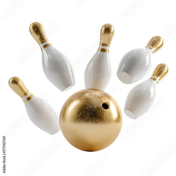 Obraz An abstract illustration of a golden bowling ball surrounded by white bowling pins with golden tops