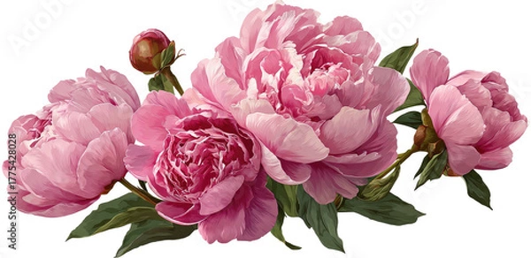 Fototapeta A vibrant illustration featuring pink flowers in full bloom, with green leaves and a bud, set against a black backdrop