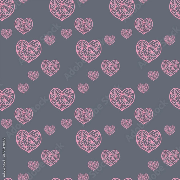 Fototapeta Seamless Pattern with Geometric Pink Hearts on Dark Background