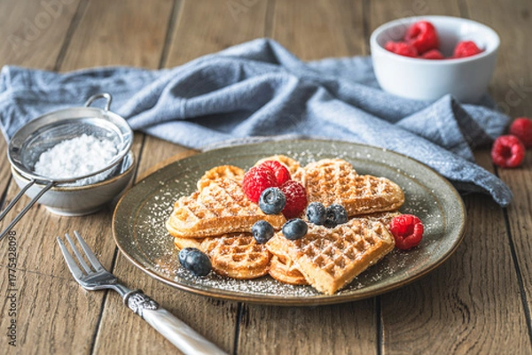 Fototapeta Homemade waffles with powdered sugar and berries