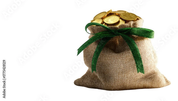 Fototapeta A burlap sack overflowing with golden coins, secured with a vibrant green ribbon on a black background