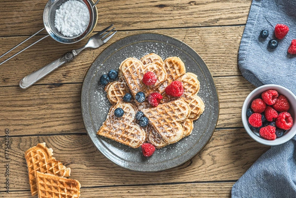 Fototapeta Homemade waffles with powdered sugar and berries