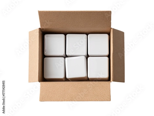Obraz Overhead view of a cardboard box filled with six white, square-shaped objects