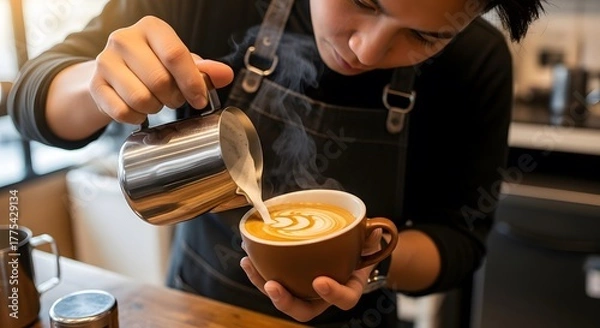 Fototapeta A barista pouring steamed milk into a cup of coffee creating latte art in a brown ceramic mug