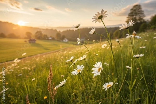 Obraz White Daisies Growing in a Sunny Meadow with a Warm Tone