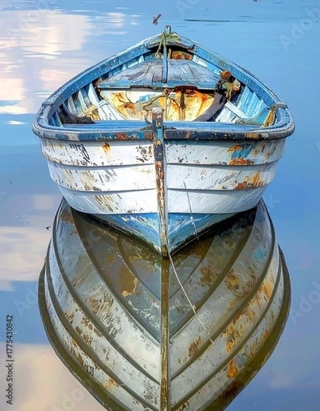 Fototapeta An old, weathered rowboat is floating on calm water, perfectly reflected in the surface. The boat's blue and white paint is faded, and there's some rust visible.
