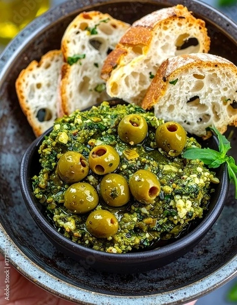 Fototapeta A bowl of green dip garnished with olives and served with toasted bread slices. The dish is presented on a dark plate, suggesting a culinary presentation.