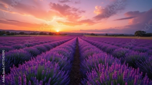 Obraz Vibrant lavender field rows leading to a dramatic sunset
