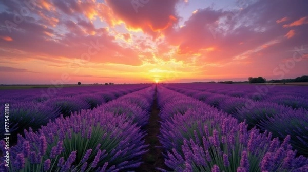 Fototapeta Vibrant lavender field rows leading to a dramatic sunset
