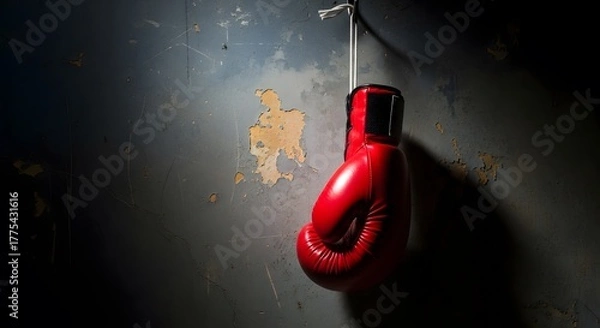 Fototapeta A single red boxing glove hanging on a hook against a distressed and dimly lit wall surface