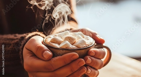 Fototapeta Hands holding a steaming cup of hot chocolate topped with marshmallows on a bright background