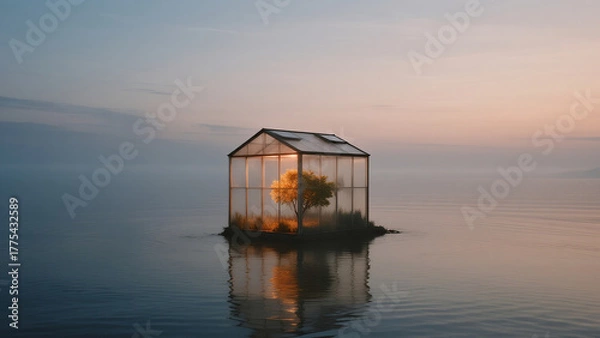Obraz transparent greenhouse cube floating on calm ocean