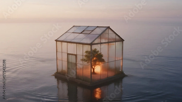 Obraz transparent greenhouse cube floating on calm ocean