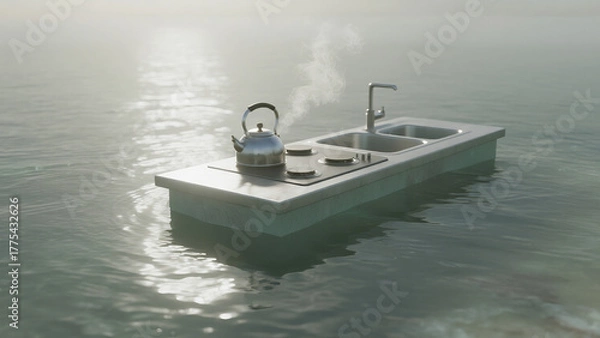 Obraz single kitchen counter floating in quiet ocean