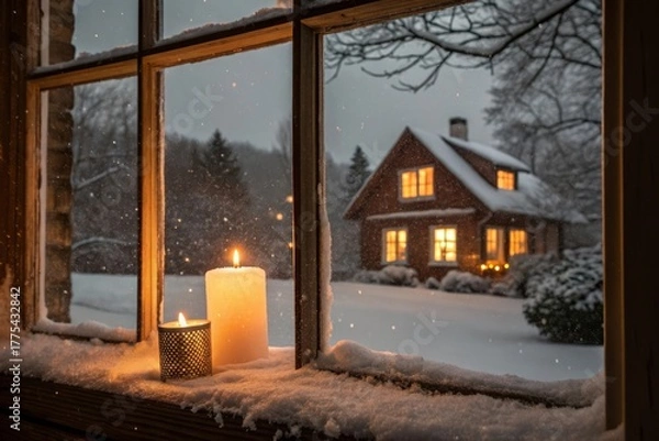 Obraz Winter scene with candle light glow inside a snowy window